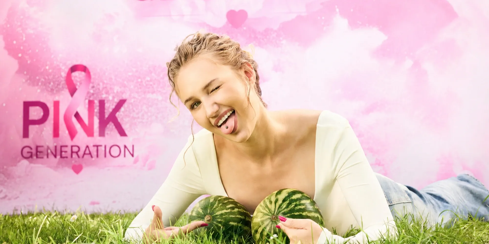 Roześmiana dziewczyna leży na trawie i opiera się na dwóch małych arbuzach, obok na różowej ściance logo Pink Generation ze wstążką