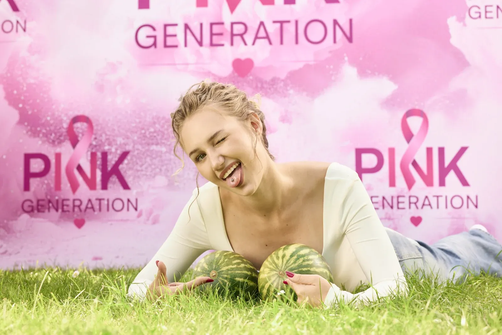 Roześmiana dziewczyna leżąca na trawie, opiera się na dwóch małych arbuzach, za nią ścianka z logo PinkGeneration